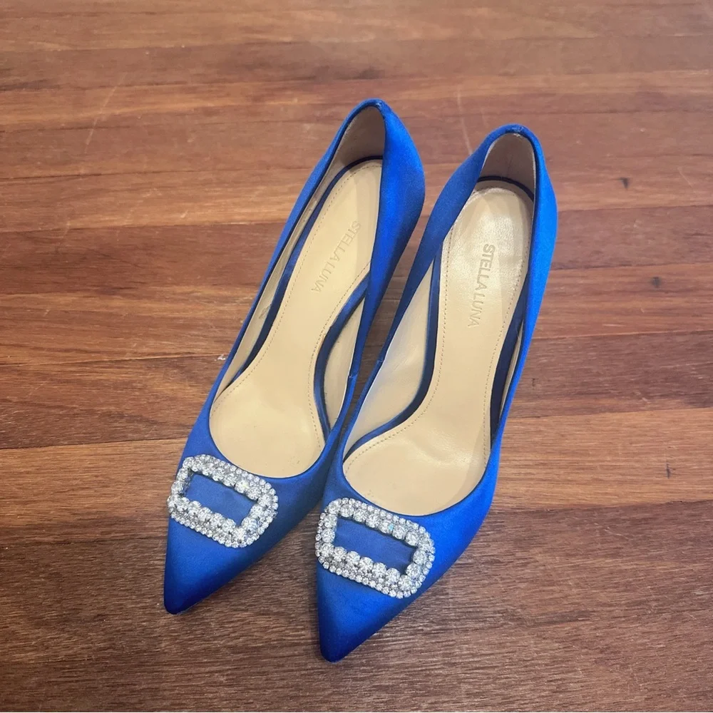 Stella Luna Blue Satin Crystal Buckle Pointed Toe Pumps 10cm Heel 37 Wedding